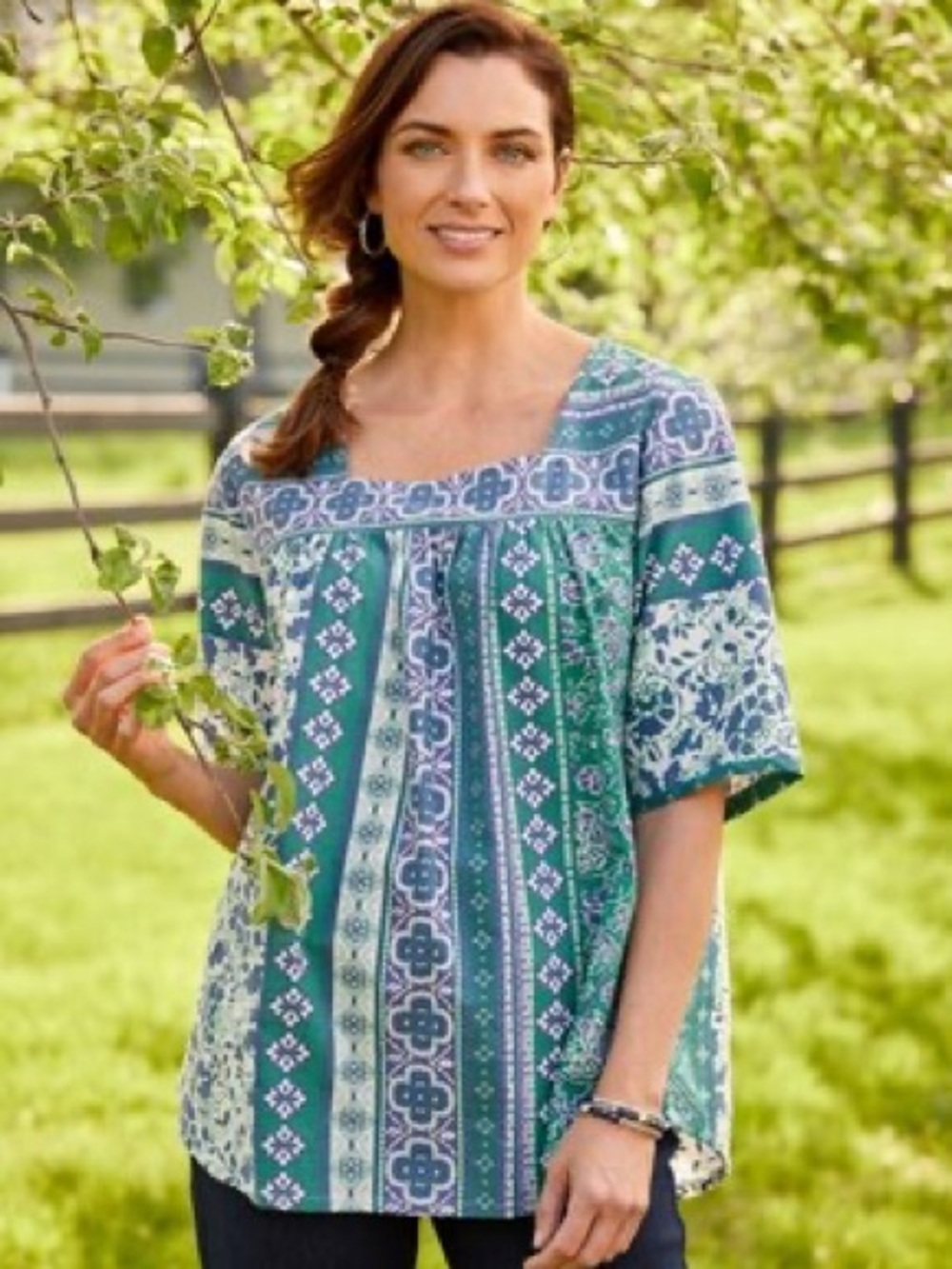 Vermont Country Store | Vertical Print Cotton Muumuu Tunic Top Floral Pattern